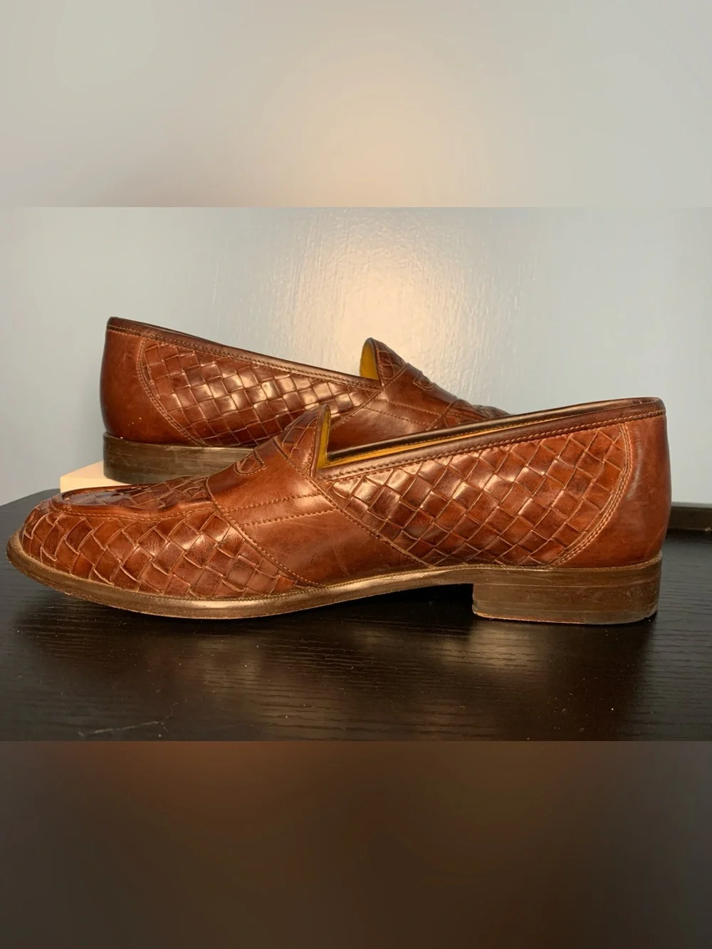Johnston & Murphy Men's Chocolate Brown Woven Leather Penny Loafers